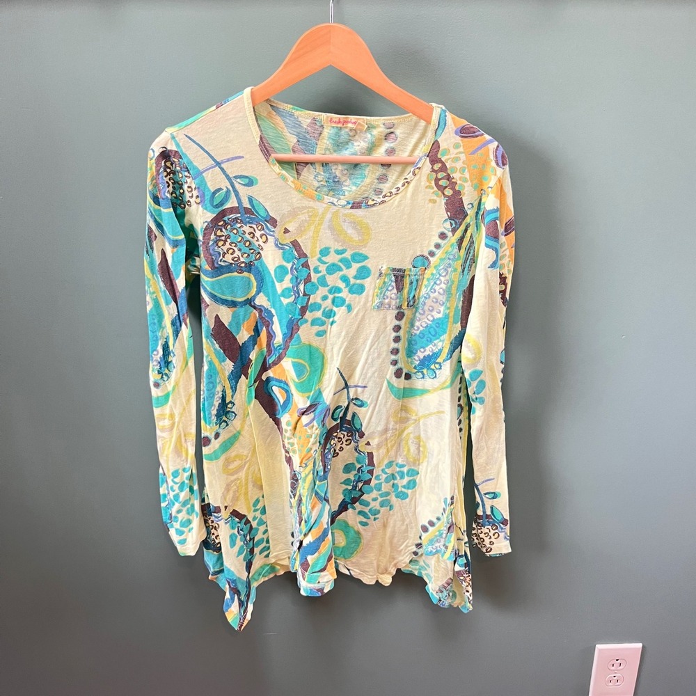 Fresh‎ Produce Womens Paisley Sharkbite Hem Long Sleeve Pocket Top Yellow Small